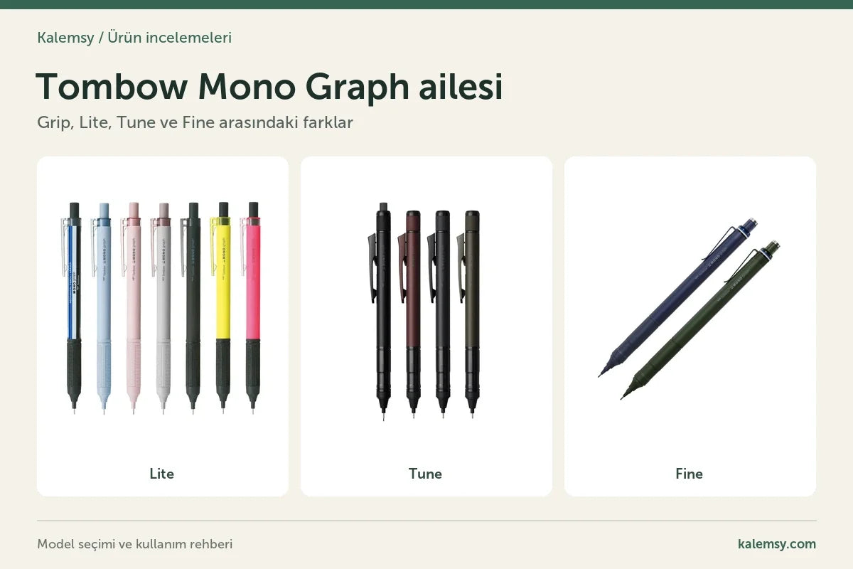 Çok renkli Tombow Mono Graph Lite, siyah, kırmızı, mavi, yeşil Tune ve lacivert, koyu yeşil Fine