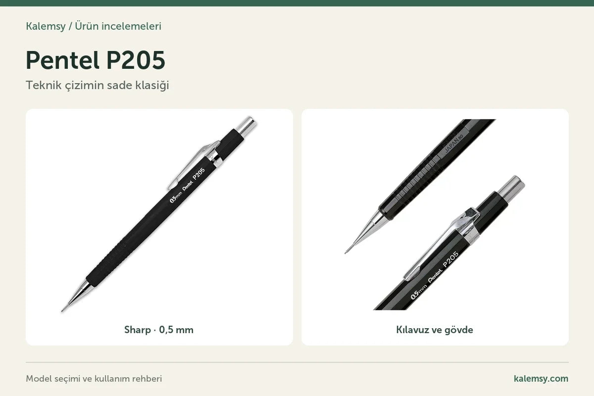 Siyah Pentel P205 0,5 mm mekanik kalem ve metal uç kılavuzu yakın planı