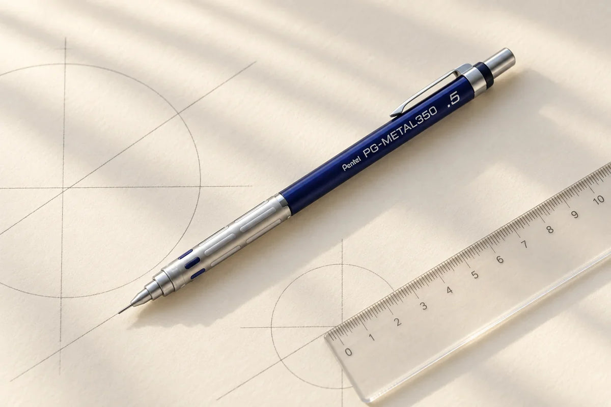 Derin mavi Pentel PG-METAL350 0,5 mm kalem ve cetvel