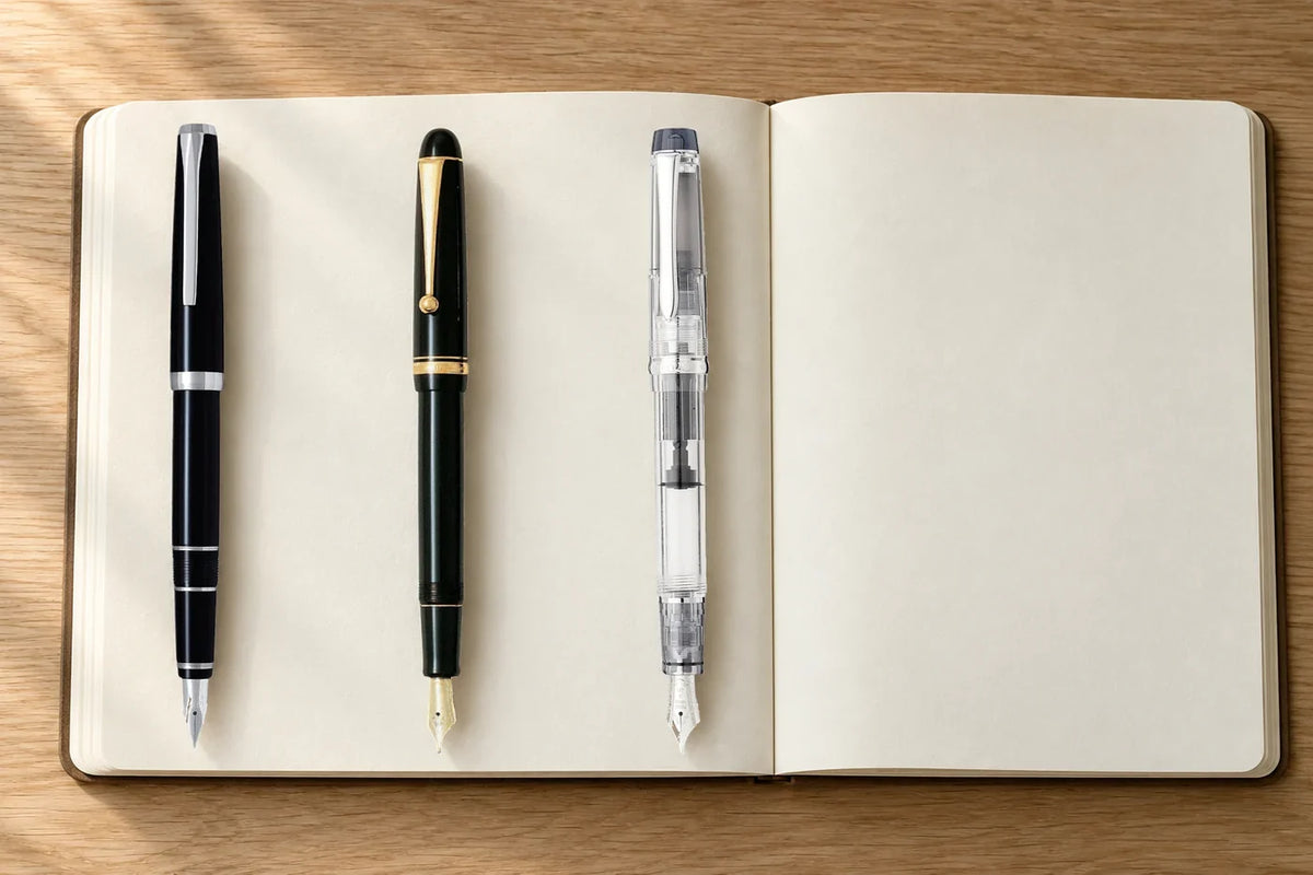 Pilot Falcon, Custom 74 siyah ve şeffaf Custom Heritage 92 dolma kalemler boş defterin sayfası üzerinde