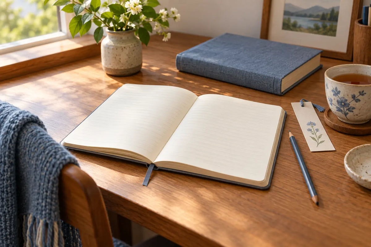 Okuma günlüğü hazırlamak için açık defter, kitap ve kalem