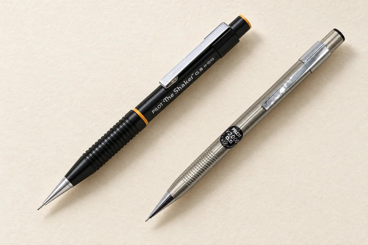 Pilot The Shaker H-1010 ve vintage Pilot 2020 ST, krem zemin üzerinde yan yana