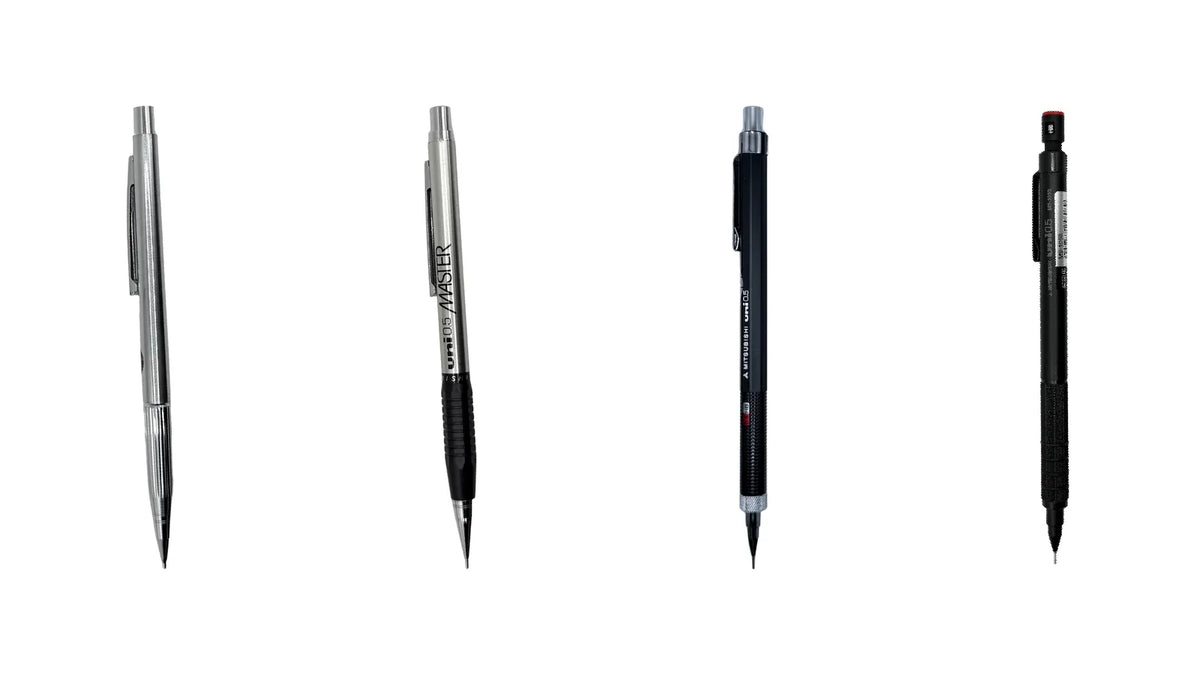 Uni Mitsubishi Jaguar, Master, siyah M5-551 ve M5-1052 vintage versatil kalemler yan yana, beyaz zemin