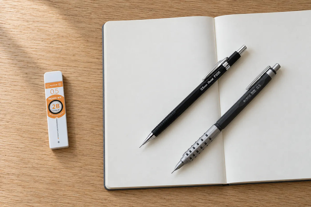 Açık defter üzerinde Pentel P205 ve Pentel Orenz AT versatil kalem, yanında Tombow Mono WX 0.5 mm 2B kalem ucu tüpü