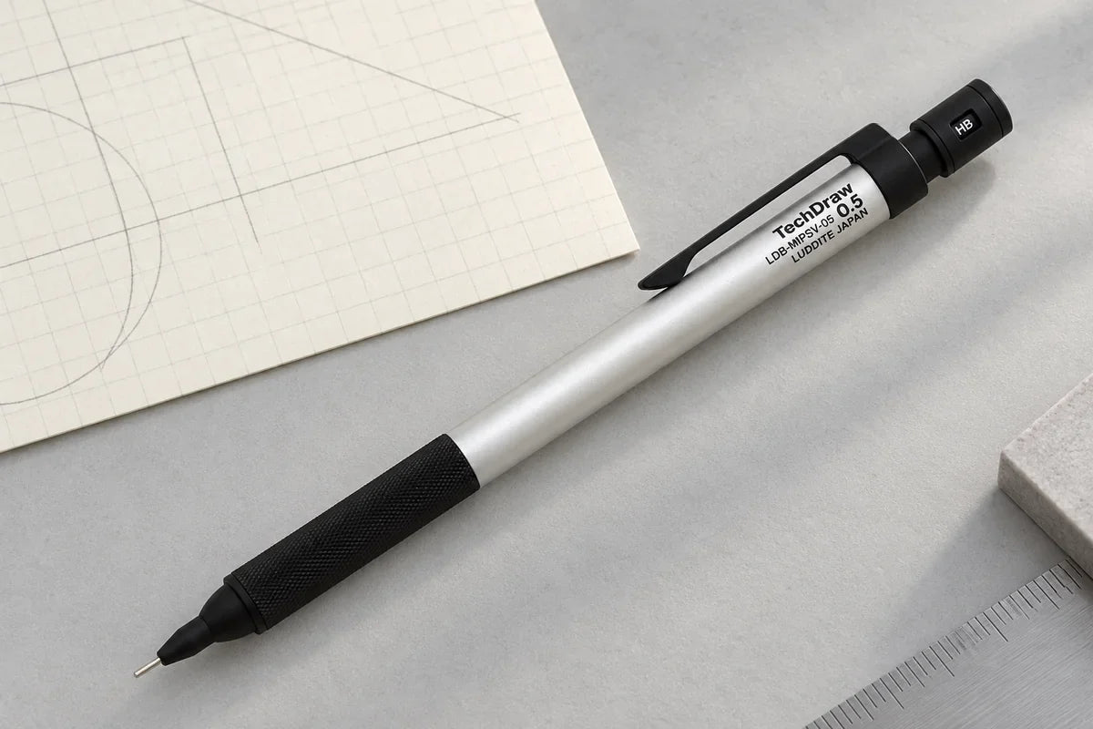 Gümüş Luddite TechDraw 2 0.5 mm kalem, siyah kavrama ve HB göstergesiyle çizim kâğıdı yanında