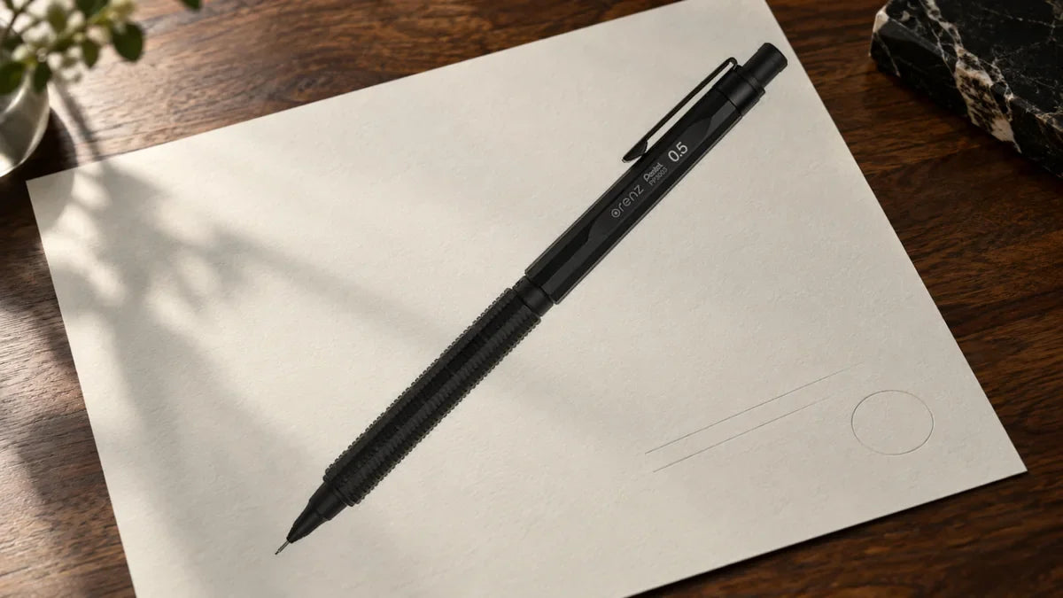 Pentel Orenz Nero 0,5 mm kalem, çizim kağıdı üzerinde