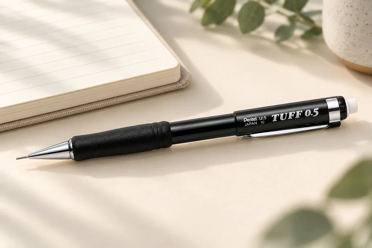Siyah Pentel Tuff 0.5 mm mekanik kalem ve beyaz silgisi, krem defter yanında