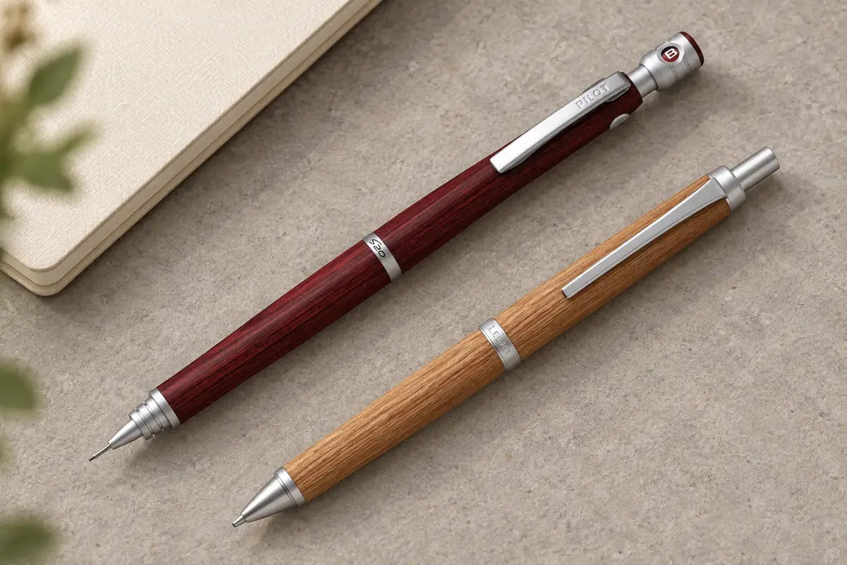 Kırmızı ahşap Pilot S20 ve kahverengi Pilot Legno 0.5 mm kalemler, açık taş zemin üzerinde yan yana