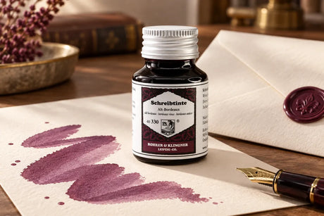 Rohrer & Klingner Alt-Bordeaux Şişe Mürekkep 50 ml; renk tonuyla uyumlu kâğıtlar ve yazı araçlarıyla masa düzeni