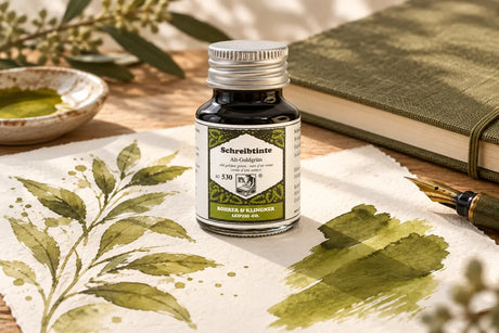 Rohrer & Klingner Alt-Goldgrün Şişe Mürekkep 50 ml; renk tonuyla uyumlu kâğıtlar ve yazı araçlarıyla masa düzeni