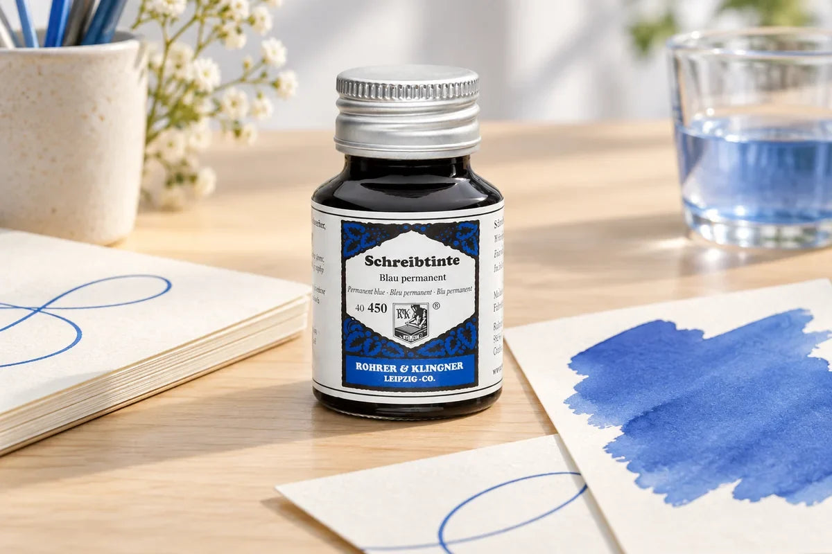 Rohrer & Klingner Blau Permanent Şişe Mürekkep 50 ml; renk tonuyla uyumlu kâğıtlar ve yazı araçlarıyla masa düzeni