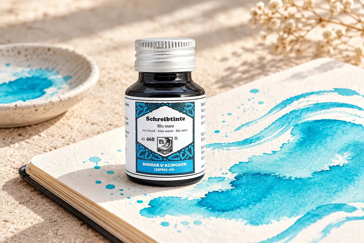 Rohrer & Klingner Blu Mare Şişe Mürekkep 50 ml; renk tonuyla uyumlu kâğıtlar ve yazı araçlarıyla masa düzeni