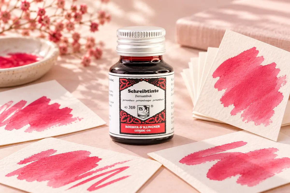 Rohrer & Klingner Fernambuk Şişe Mürekkep 50 ml; renk tonuyla uyumlu kâğıtlar ve yazı araçlarıyla masa düzeni