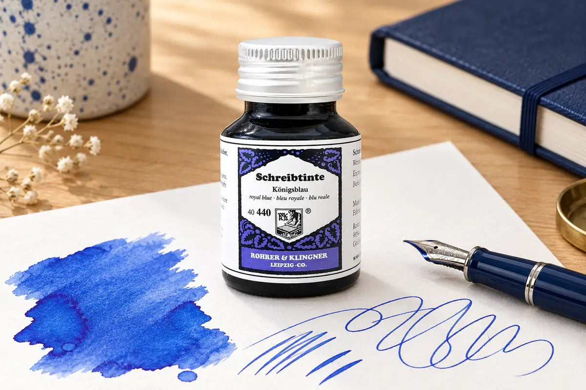 Rohrer & Klingner Königsblau Şişe Mürekkep 50 ml; renk tonuyla uyumlu kâğıtlar ve yazı araçlarıyla masa düzeni