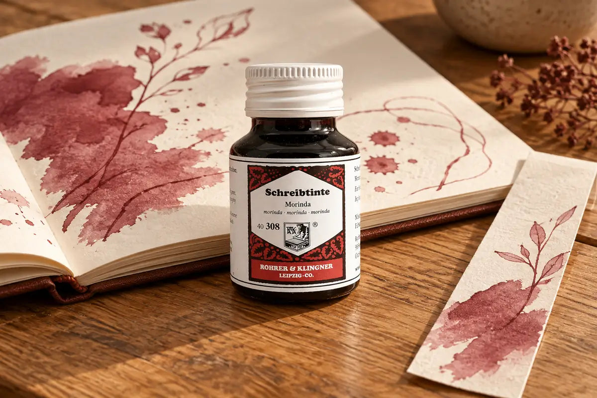 Rohrer & Klingner Morinda Şişe Mürekkep 50 ml; renk tonuyla uyumlu kâğıtlar ve yazı araçlarıyla masa düzeni