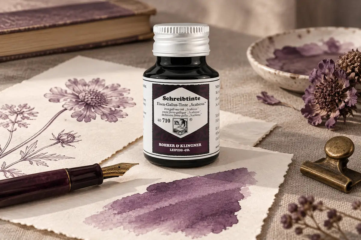 Rohrer & Klingner Scabiosa Iron Gall Şişe Mürekkep 50 ml; renk tonuyla uyumlu kâğıtlar ve yazı araçlarıyla masa düzeni