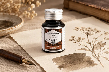 Rohrer & Klingner Sepia Şişe Mürekkep 50 ml; renk tonuyla uyumlu kâğıtlar ve yazı araçlarıyla masa düzeni
