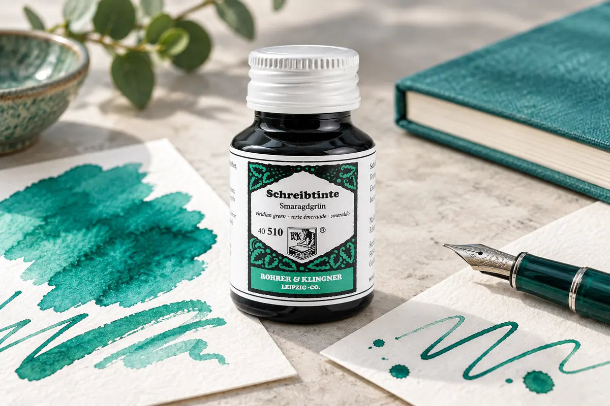 Rohrer & Klingner Smaragdgrün Şişe Mürekkep 50 ml; renk tonuyla uyumlu kâğıtlar ve yazı araçlarıyla masa düzeni
