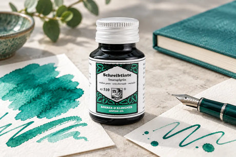 Rohrer & Klingner Smaragdgrün Şişe Mürekkep 50 ml; renk tonuyla uyumlu kâğıtlar ve yazı araçlarıyla masa düzeni