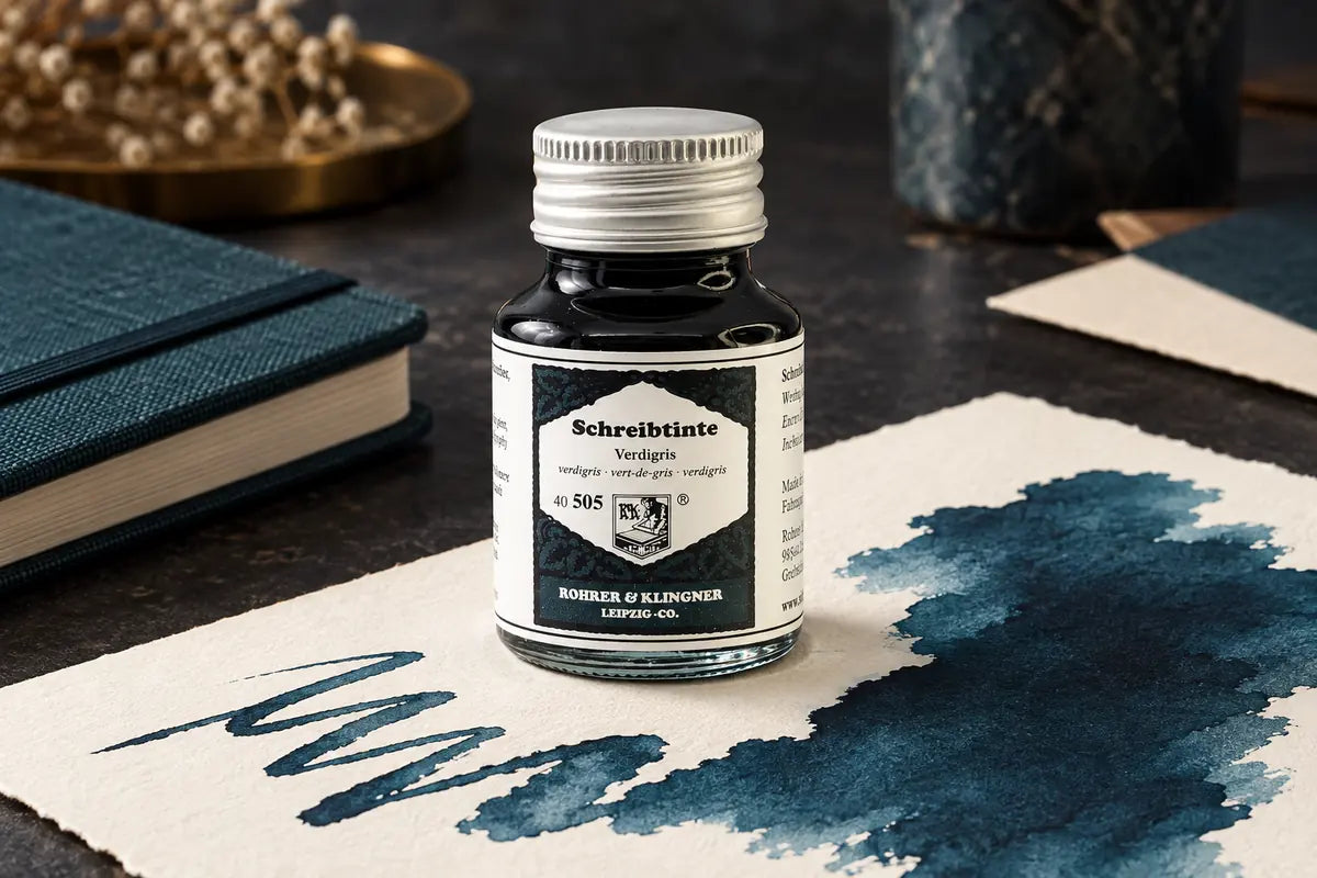 Rohrer & Klingner Verdigris Şişe Mürekkep 50 ml; renk tonuyla uyumlu kâğıtlar ve yazı araçlarıyla masa düzeni