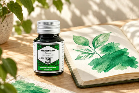 Rohrer & Klingner Verdura Şişe Mürekkep 50 ml; renk tonuyla uyumlu kâğıtlar ve yazı araçlarıyla masa düzeni