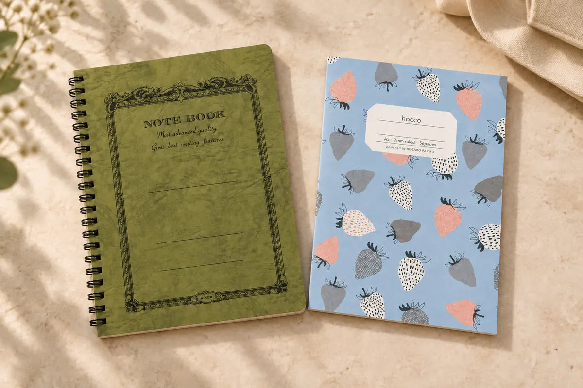 Olive Apica CD Twin Ring spiralli A5 defter ile mavi çilek desenli Apica Hocco defter yan yana