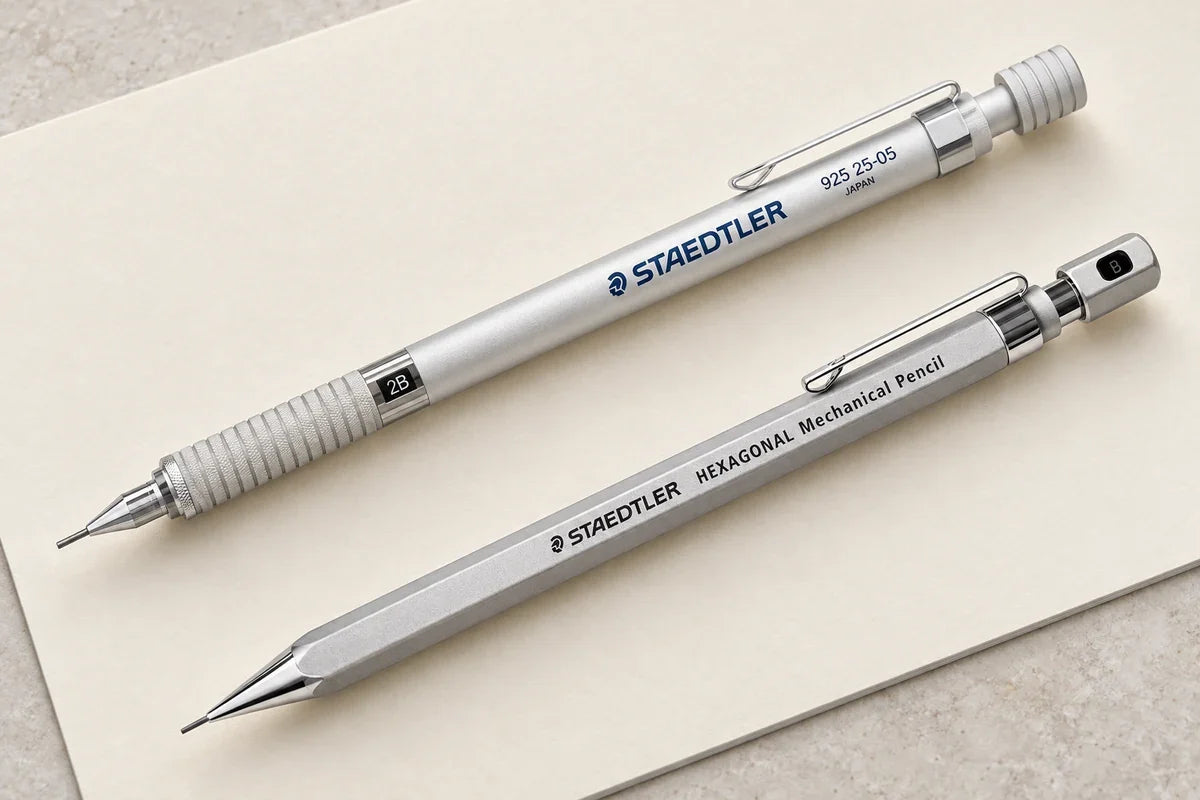 Gümüş Staedtler 925 25-05 ile altıgen gövdeli Staedtler Hexagonal 0.5 mm kalemlerin yan yana masa kompozisyonu