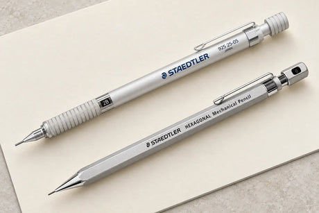 Gümüş Staedtler 925 25-05 ile altıgen gövdeli Staedtler Hexagonal 0.5 mm kalemlerin yan yana masa kompozisyonu