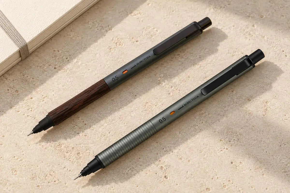 Uni Kuru Toga Wood Steel Grey ve gri Metal 0.5 mm kalemlerin açık taş zemin üzerinde karşılaştırmalı görünümü