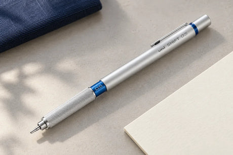 Mavi 0.5 mm işaretli gümüş Uni Shift versatil kalem, açık renk masa ve lacivert kumaş yanında