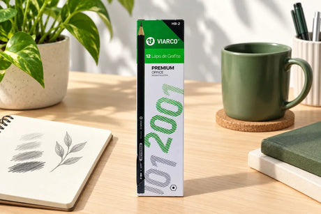 Viarco 2001 Premium Kurşun Kalem 12'li Kutu; kalemler ve çizim kâğıtlarıyla masa düzeni