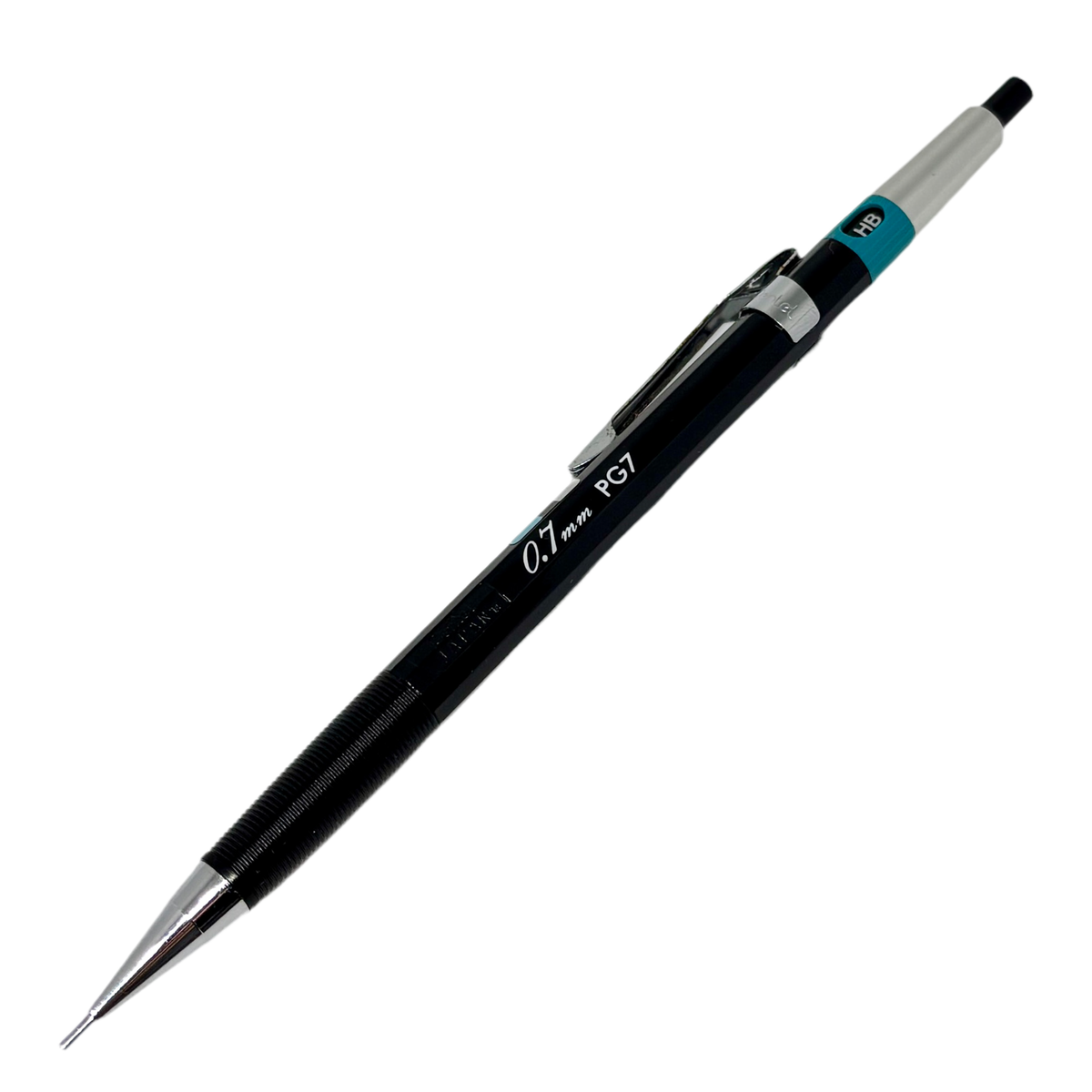 Pentel PG-7 vintage versatil kalem siyah gövde, tam boy açılı, turkuaz HB bileziği, 0.7 mm