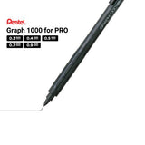 Pentel Graph 1000 for Pro tanıtım karesi; 0.3, 0.4, 0.5, 0.7 ve 0.9 mm uç seçenekleri listeleniyor