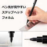 Pentel Graph 1000 ile cetvel kullanılarak çizim yapılıyor, kademeli uç formunun uç görüşünü açtığını anlatan iki detay karesi