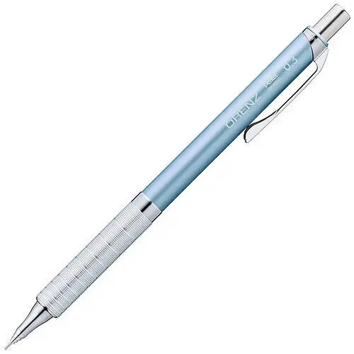 Pentel Orenz Metal Grip mavi gövde, tam boy açılı görünüm, tırtıklı metal kavrama bölümü, 0.3 mm