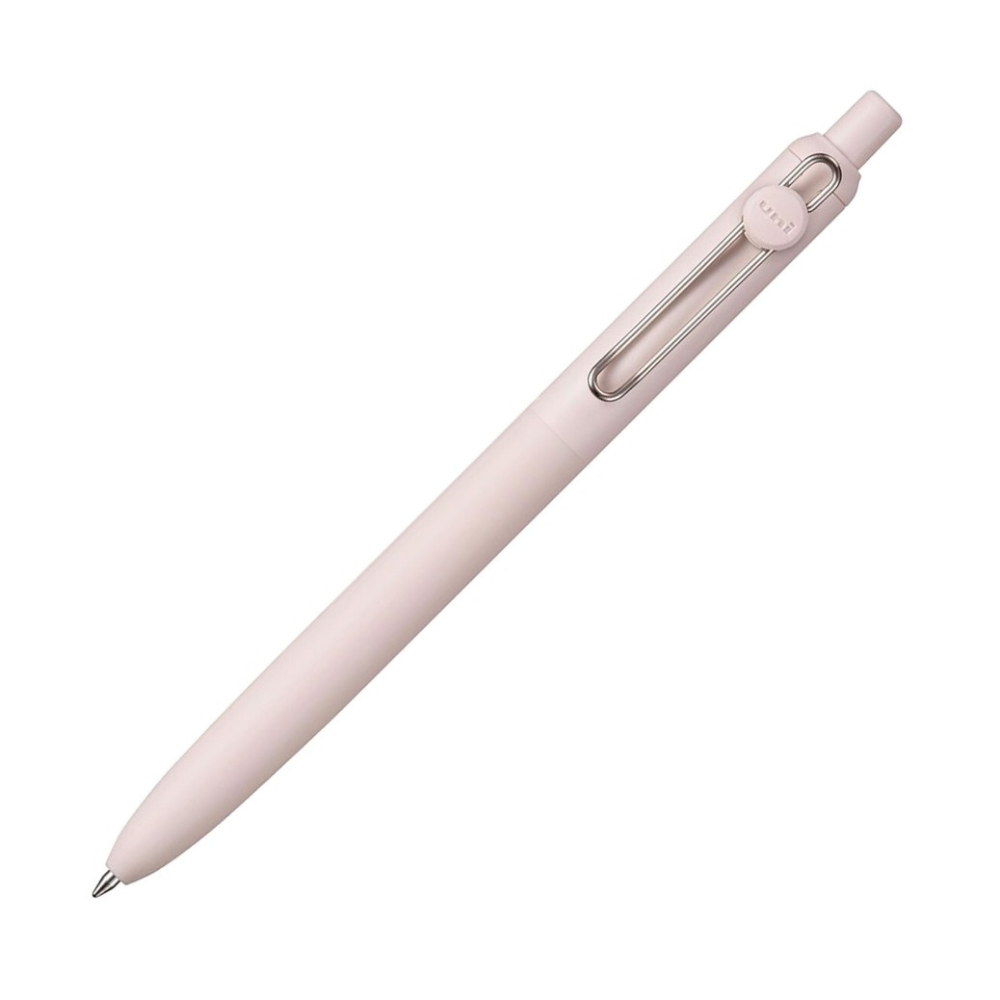 Uni-Ball Zento jel kalem pudra pembesi mat gövde, halka logolu klips, çapraz görünüm, 0.7 mm