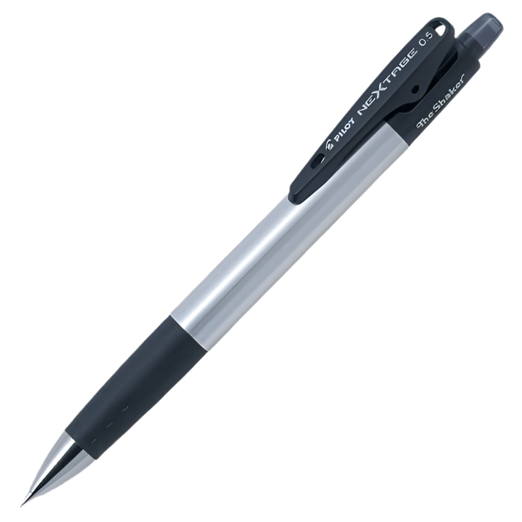 Pilot Nextage versatil kalem 0.5 mm, gümüş gövde, siyah kavrama ve The Shaker yazan klips