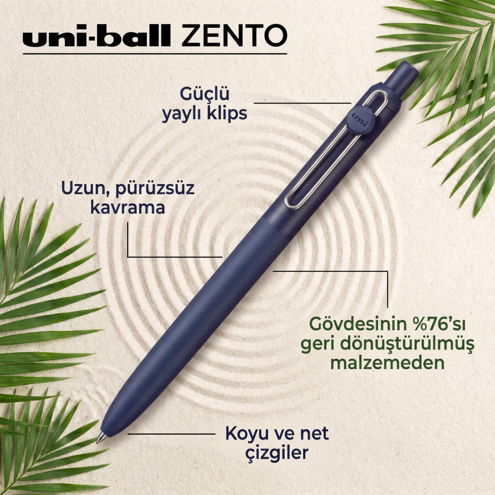 Uni-Ball Zento özellik şeması: güçlü yaylı klips, uzun pürüzsüz kavrama, gövdenin yüzde 76'sı geri dönüştürülmüş malzeme, koyu ve net çizgiler