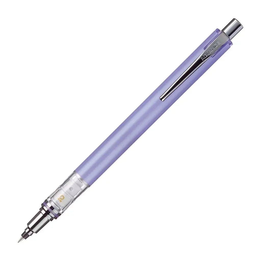 Uni Kuru Toga Advance lavanta gövdeli versatil kalem, şeffaf uç haznesi ve krom klips, 0.3 mm