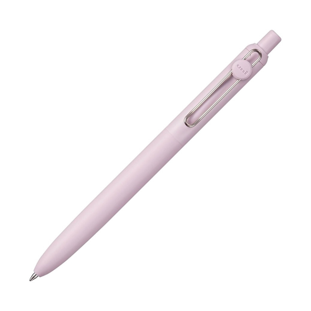 Uni-Ball Zento jel kalem lila mat gövde, uni logolu klips ve tıklama başlığı görünür, 0.7 mm
