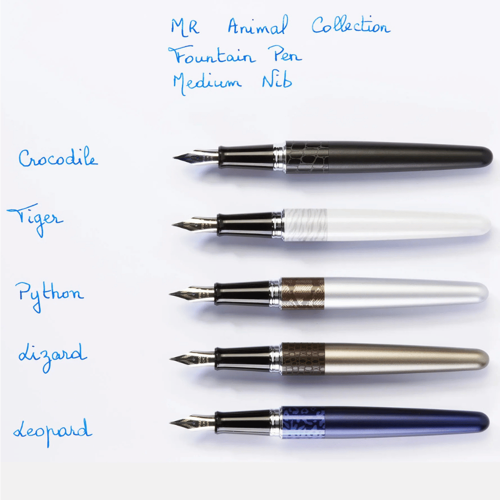 Pilot MR Animal Collection el yazısı tanıtım karesi; timsah, kaplan, piton, kertenkele ve leopar isimleriyle beş kalem