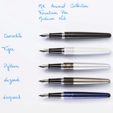 Pilot MR Animal Collection el yazısı tanıtım karesi; timsah, kaplan, piton, kertenkele ve leopar isimleriyle beş kalem