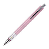 Uni Kuru Toga Advance pembe gövdeli versatil kalem, tam boy görünüm ve metal koni uç, 0.3 mm