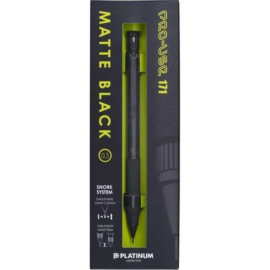 Platinum Pro-Use 171 Matte Black kutusu; pencereli ambalajda kalem ve Snork System açıklaması