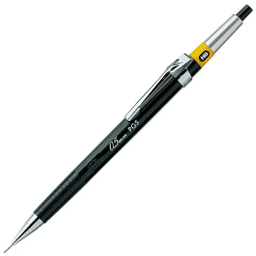 Pentel PG5 siyah kalem beyaz zeminde tam boy; sarı HB sertlik göstergesi ve 0.5 mm baskısı