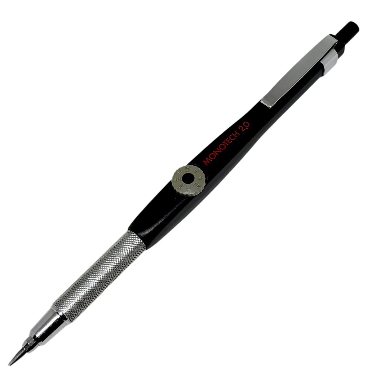 Tombow Monotech 500 vintage versatil kalem, siyah gövde, tırtıklı metal kavrama ve sertlik göstergesi, 2.0 mm