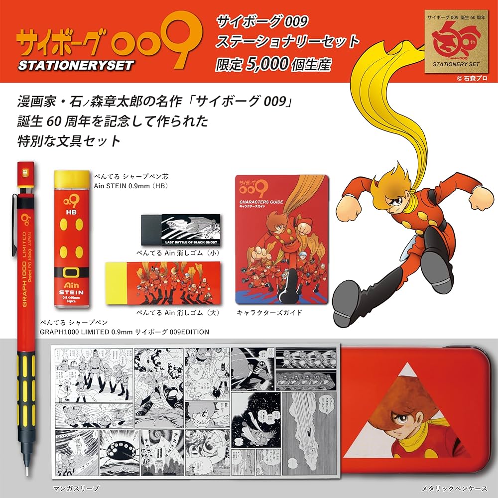 Cyborg 009 60. yıl 5000 adetlik set tanıtımı; kutu içeriği tek tek etiketlenmiş Japonca bilgi karesi