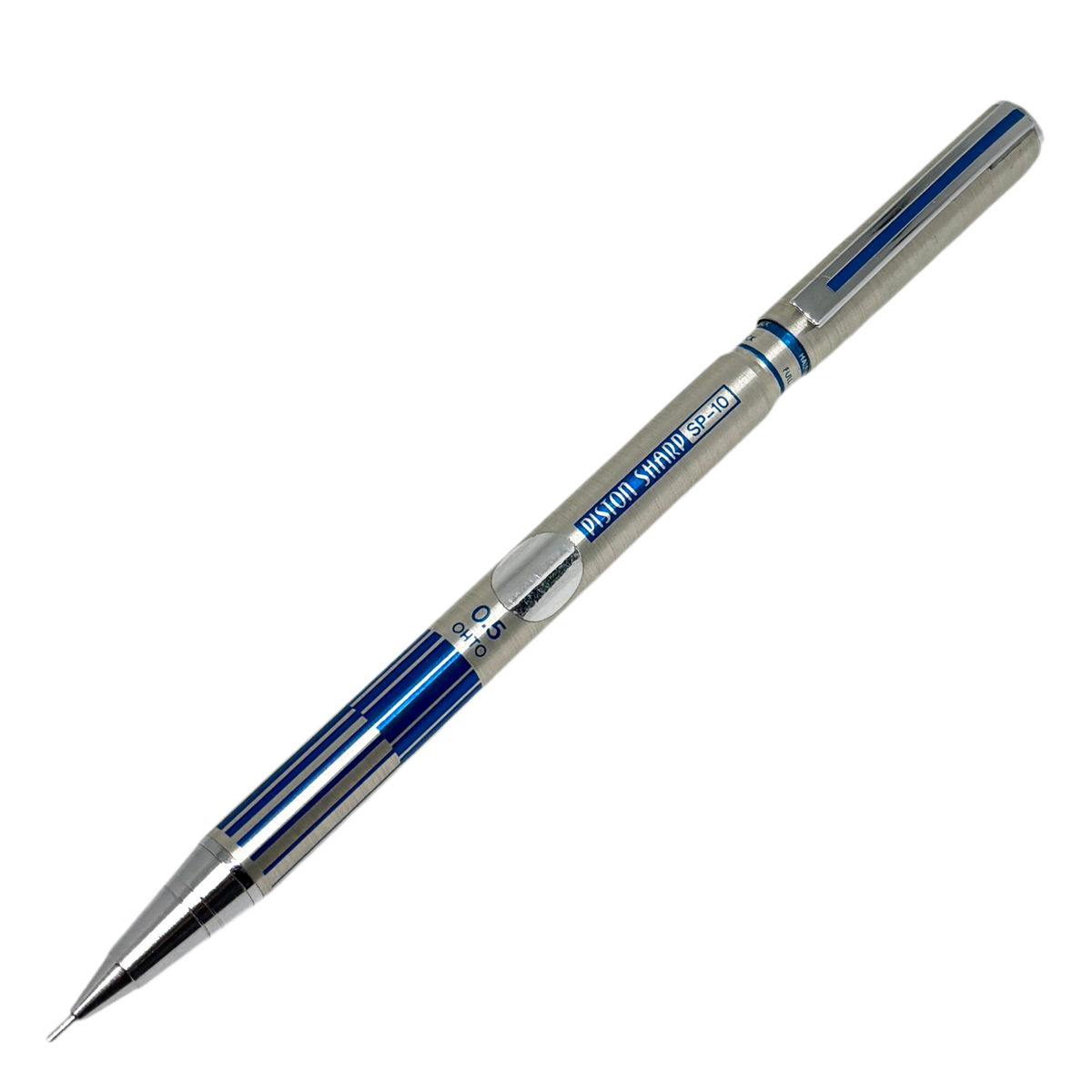 Ohto Piston Sharp SP-10 vintage versatil kalem, mavi çizgili çelik gövde, tam boy, 0.5 mm