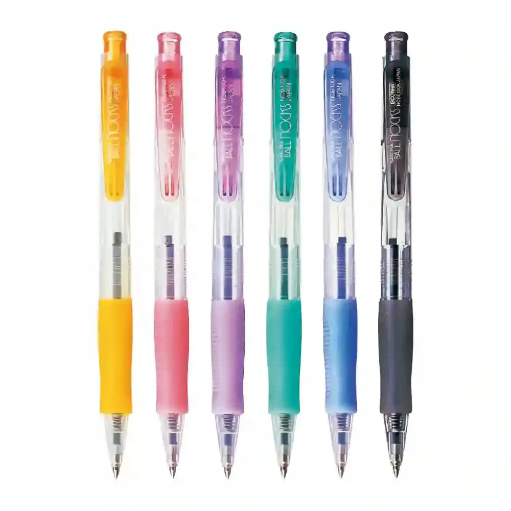Sakura Nocks versatil kalem altı renk yan yana, şeffaf gövde ve renkli lastik kavrama, 0.5 mm