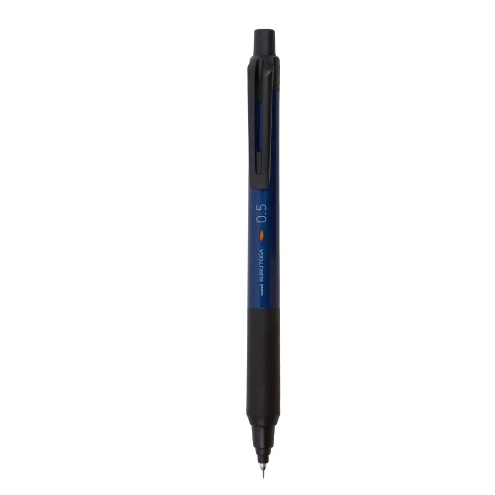 Uni Kuru Toga KS versatil kalem, lacivert gövde ve siyah lastik kavrama, tam boy görünüm, 0.5 mm